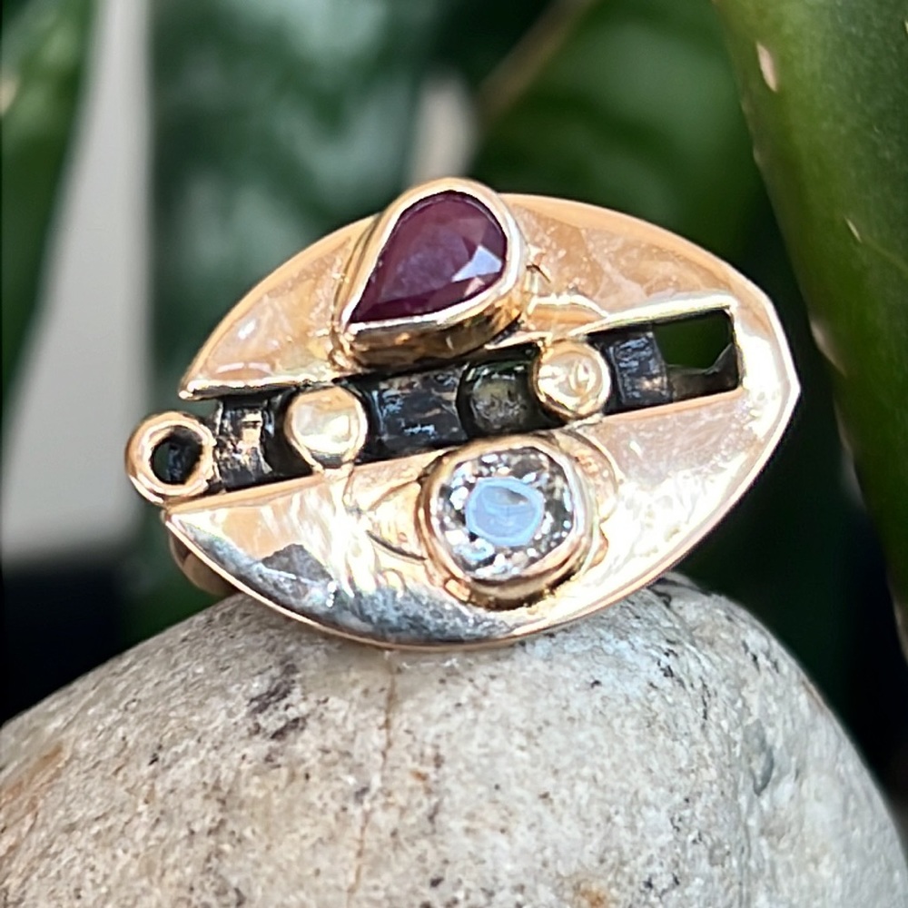 14 karat gold, custom ruby and diamond ring